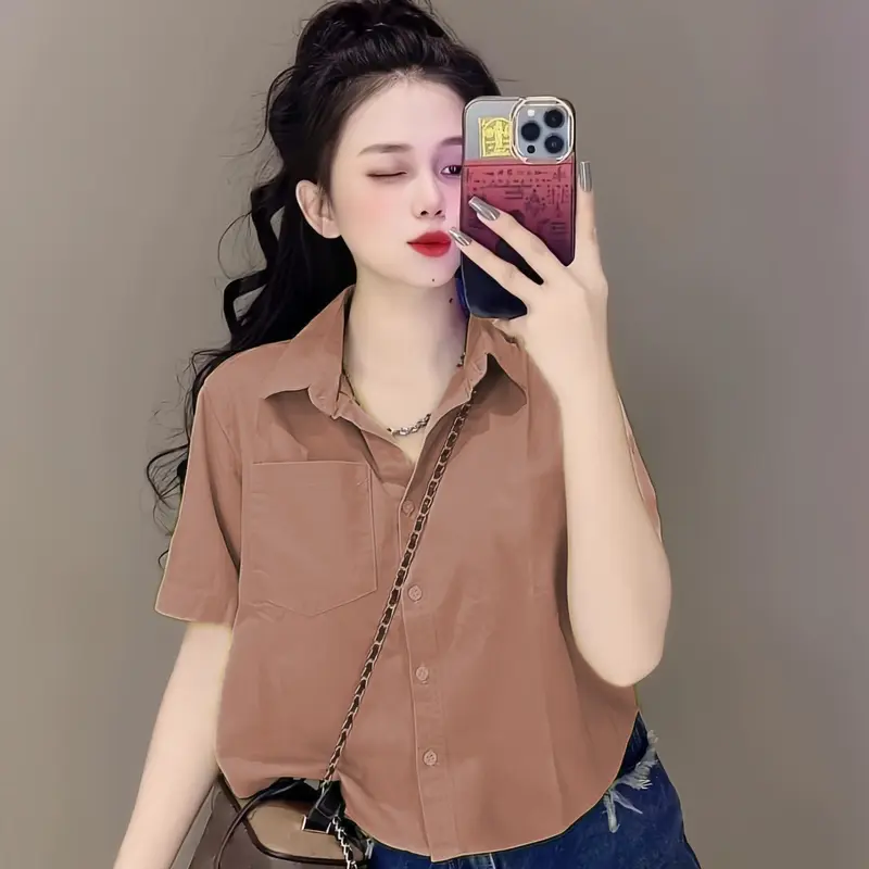 Áo sơ mi nữ tay ngắn form rộng, Áo croptop nữ kiểu 2
