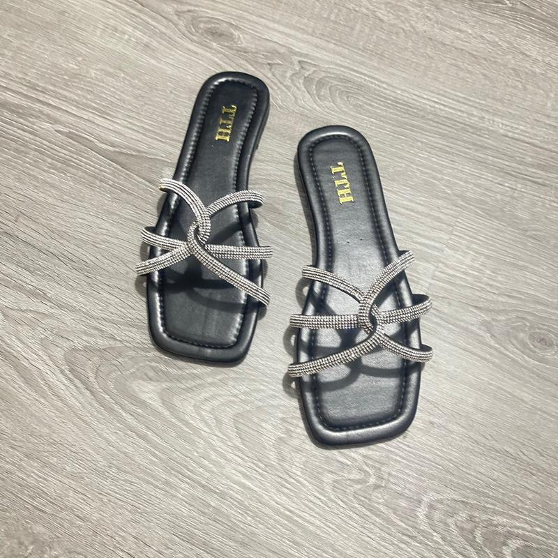 Dép bệt nữ quai dây chéo đính hạt lấp lánh có size lớn từ 35 đến 46