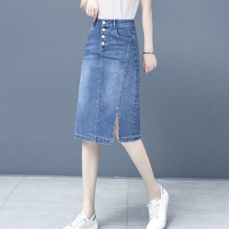 Chân Váy Denim, Dành Cho Nữ, Hàng Mới Về Xuân / Hè 2025, Cạp Cao, Xẻ Tà, Dài Trung Bình Ống Ôm Dáng Chữ A, Ngoại Cỡ, Chân Váy Bó Sát 5