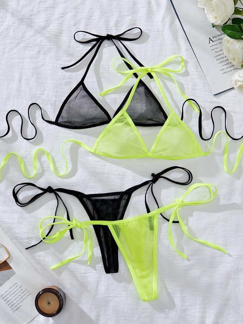 Product Introduction of Women's Solid Color Sheer Mesh Teddy Lingerie Set, Sexy Fashion Chic Tie Back  Bra & Tie Side Thong Set, Ladies Underwear for All Seasons 3