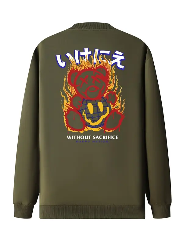 Men's Cartoon Bear & Fire & Letter Print Pocket Zip Up Bomber Jacket, Regular Fit Casual Long Sleeve Mock Neck Outerwear for Fall & Winter, Men's Clothes for Daily Wear 3