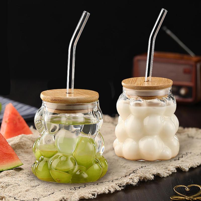Product Introduction of Creative Grape Shaped Drinking Glasses, 2 Counts Glass Cup with Bamboo Lid & Glass Straw, Reusable Drinking Cup for Home Office, Drinkware, Kitchenware 2