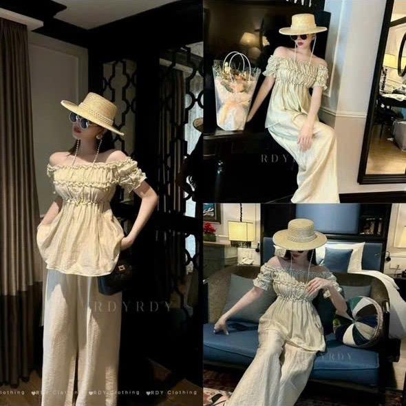  NGÂN SALE SÉT BỘ “ĐỒ NỮ “ĐŨI TƠ NHẬT” ÁO TIỂU THƯ TRỄ VAI CÓ CHUN XẾP LY BÈO NGỰC MIX QUẦN XUÔNG ỐNG RỘNG  55-90kg 