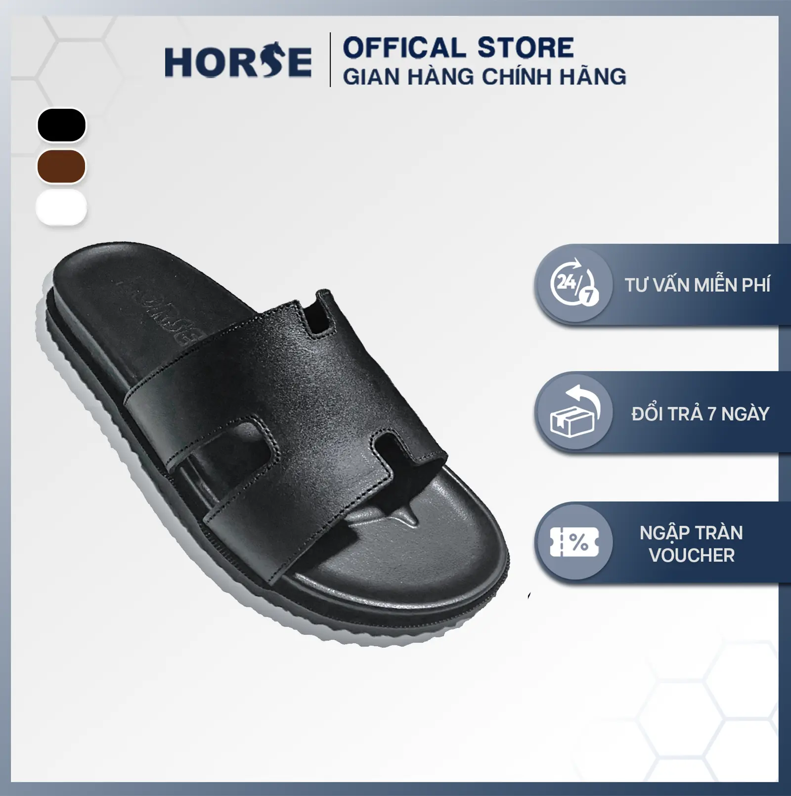 [ Horse Store ] - Dép Da Bò Chữ H Quai Ngang Thời Trang Nam Nữ,  Đế Cao Su, Lót Đế Êm, 3 Màu Đen Trắng Nâu - H01A