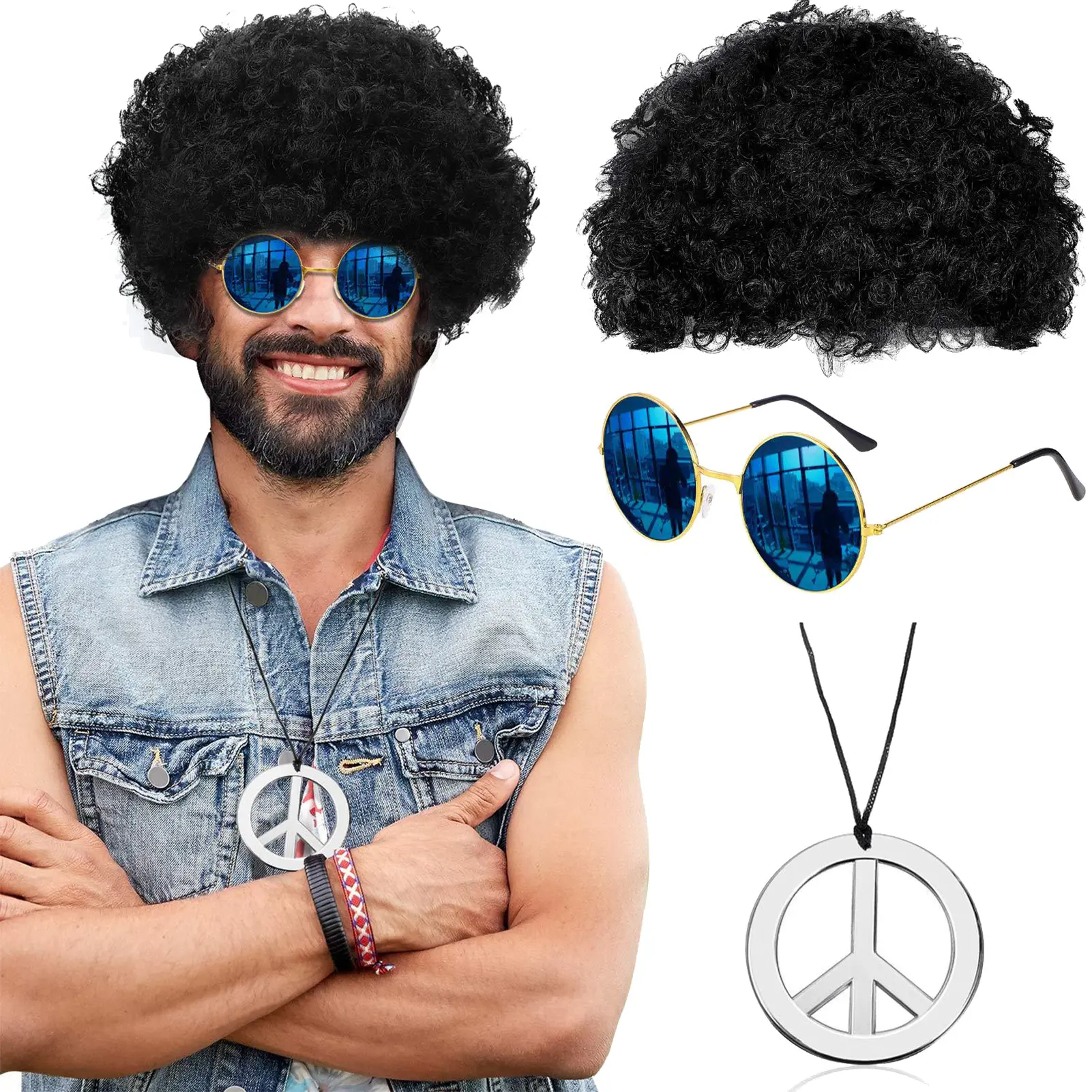 (BREEZES) Hippie Costume Set Funky Afro Wig Sunglasses Necklace for 50s, 60s, 70s Theme Party