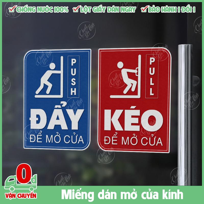  2 miếng decal dán cửa kính kéo đẩy mở cửa tự động PULL PUSH chất liệu dầy chống thấm nước XANH ĐỎ 