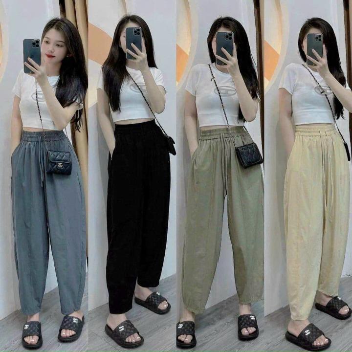 Quần Baggy gió mềm mịn cạp cao lưng thun gân chìm co giãn 4 chiều nữ dáng dài dễ phối đồ