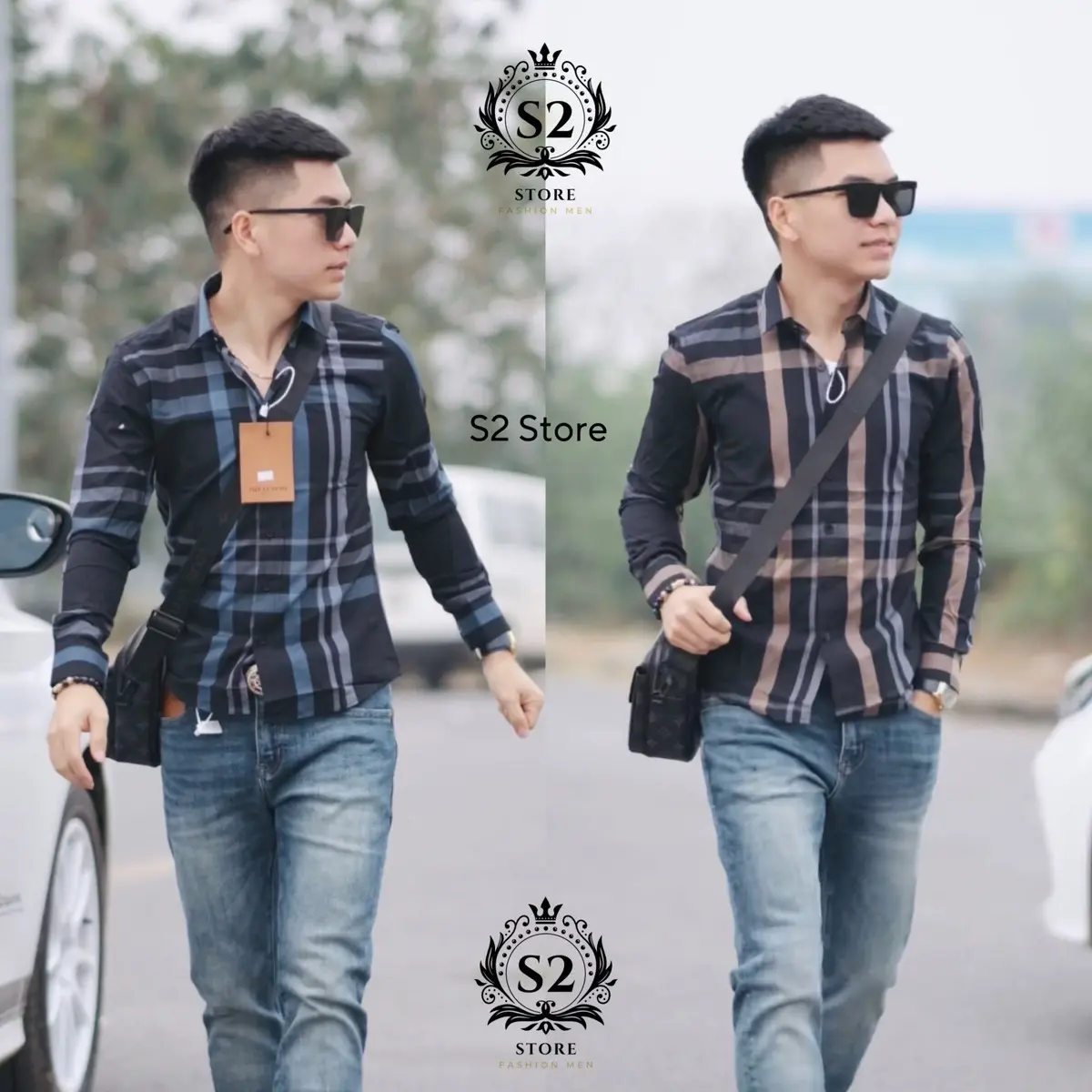 Áo Sơ Mi Đen Phối Sọc Xanh Vàng Vải Quảng Châu Cao Cấp Mềm Mịn Nam Menswear Shirt Cổ Tròn Kem Có Cổ Kate