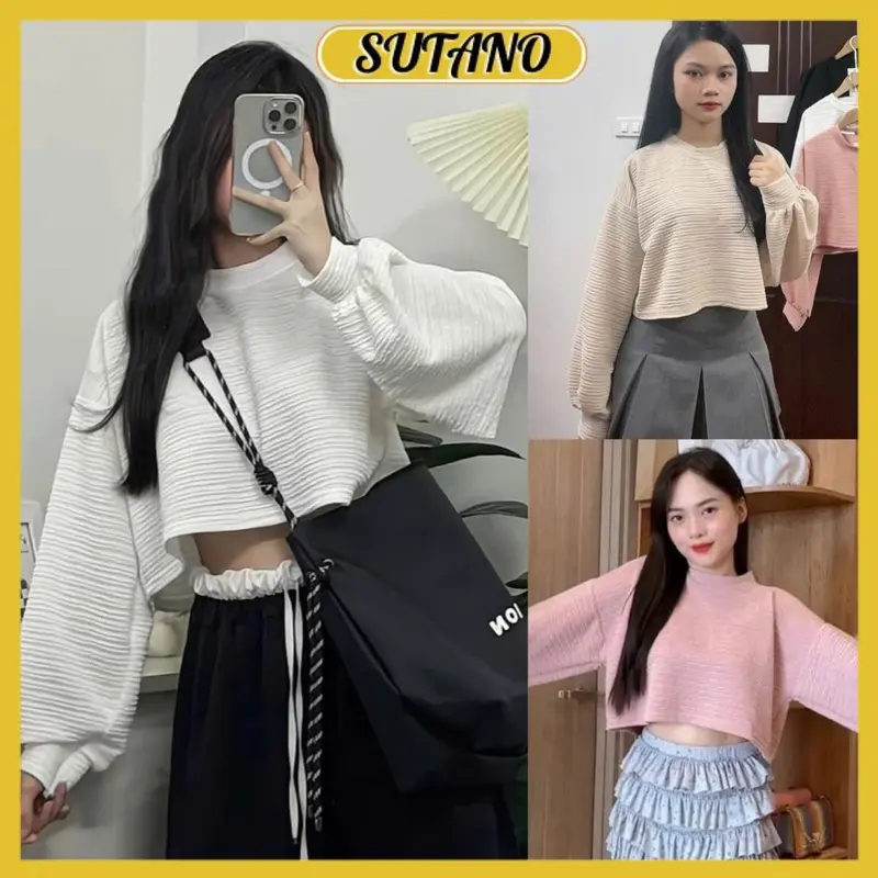 Áo thun nữ croptop xốp nhăn form rộng tay tay bồng áo thun dài tay cổ tròn trẻ trung phong cách Hàn Quốc A540 SUTANO 0