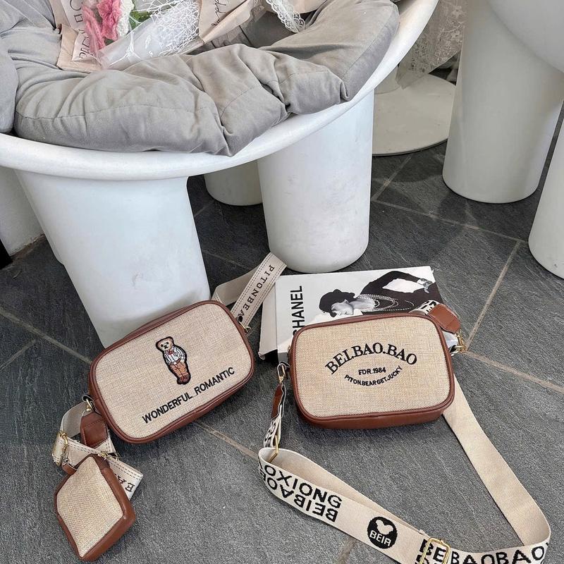 Product Introduction of Set 2 Túi Ví nữ đeo vai sang chảnh hình gấu thêu hàng trend 2024 HT569 Bag Nhung chéo 2