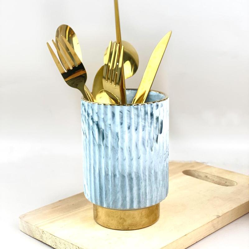 ASHOME tempat sendok keramik marble dengan list gold beruk garis-garis elegant mewah/ tempat sikat gigi keramik marble list gold elegant/ gelas keramik  motif marble list gold elegant 6