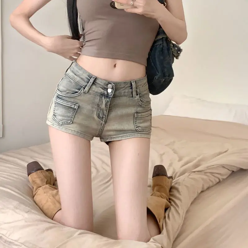 Quần Short Denim Cạp Thấp, Phong Cách Cô Gái Nóng Bỏng, Dành Cho Phụ Nữ, Dáng Ôm, Ôm Vừa Vặn Hông, Màu Sắc Nhẹ Cổ Điển Quần Ống Đứng, Thoáng Khí Và Thoải Mái, Thích Hợp Cho Mùa Hè 6
