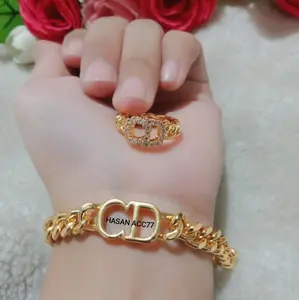 satu set gelang tangan dan cincin perhiasan emas wanita dewasa model oo/Titanium/viral Gold Elegan