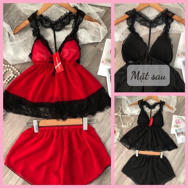 Đồ bộ ngủ xuyên thấu gợi cảm SIZE 40-80KG Đồ ngủ bigsize 2 dây ren đen có mút chất voan xuyên thấu mã 12 Trơn