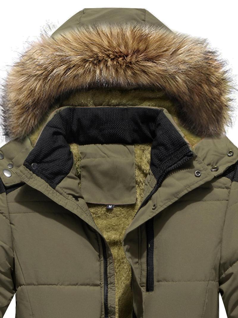Product Introduction of Men's Contrast Faux Fur Trim Pocket Hooded Thermal Jacket, Regular Fit Casual Long Sleeve Button Front Warm Outerwear for Winter, Men's Clothes for Daily Wear 14