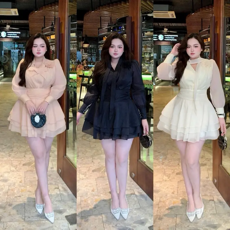 Đầm voan phối bigsize 55 đến 90 ký màu nude kem đen
