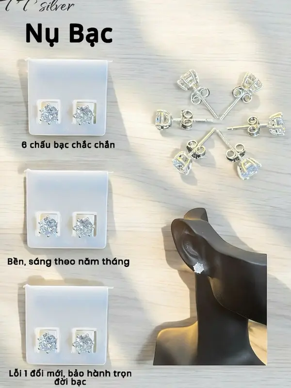 Bông tai bạc dáng nụ s925 bền màu đá 5li sáng sang trọng cho nam và nữ. Nụ 1 0
