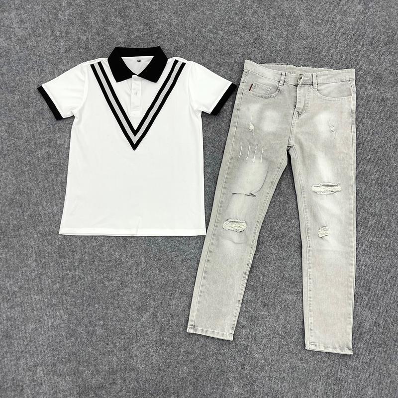 combo áo polo V trắng Phối quần jean nam 668 cho anh trai Menswear