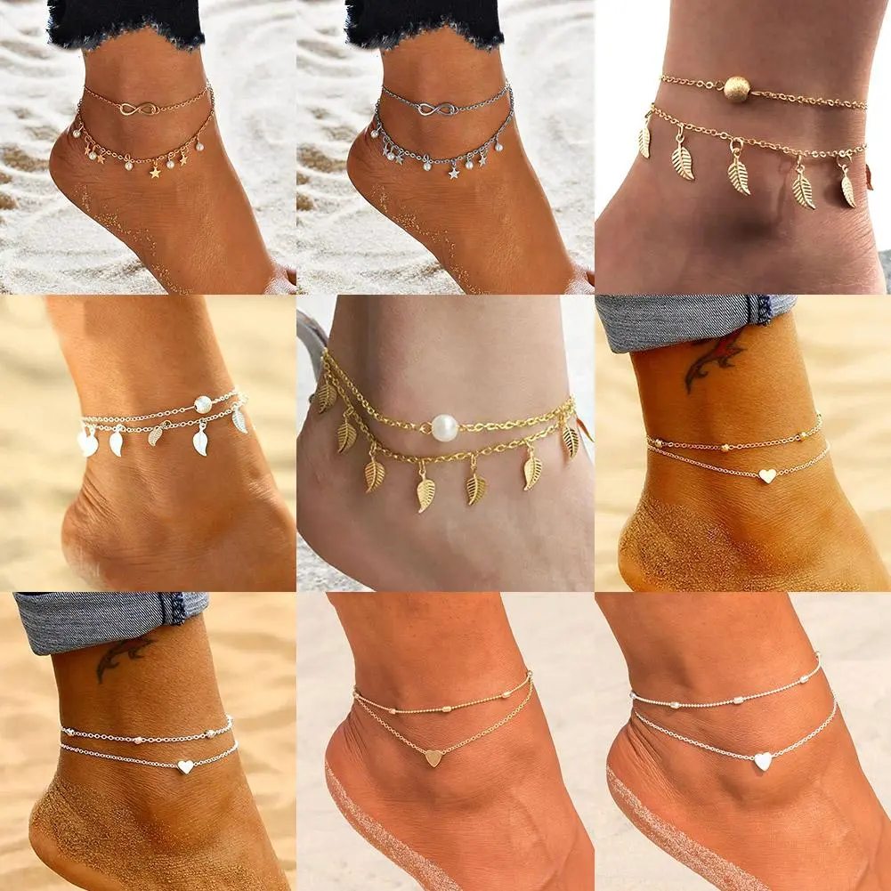 กำไลข้อเท้าใบไม้ผู้หญิง สร้อยข้อมือข้อเท้าโซ่เท้าคู่ สีทองโบฮีเมียน ใบไม้ เครื่องประดับเท้า ชายหาดฤดูร้อน
