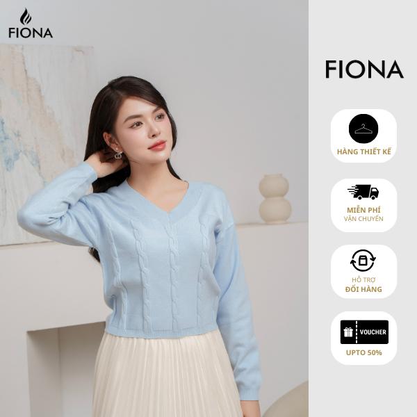  FIONA Áo len nữ chất Viscose dáng bo gấu cổ tim dệt vặn thừng thân trước C514517 Women Top Hồng 