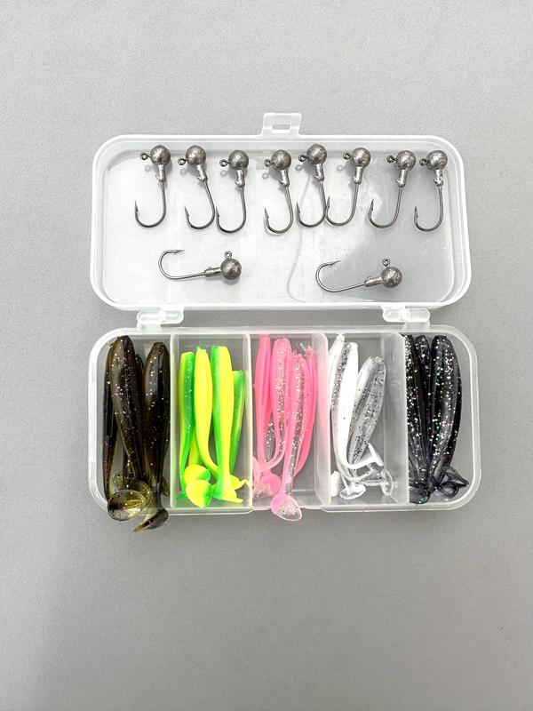 Hộp 25 Mồi Mềm Dài 5,5cm Chữ T + 10 Móc Lưỡi Đầu Chì 3,5g