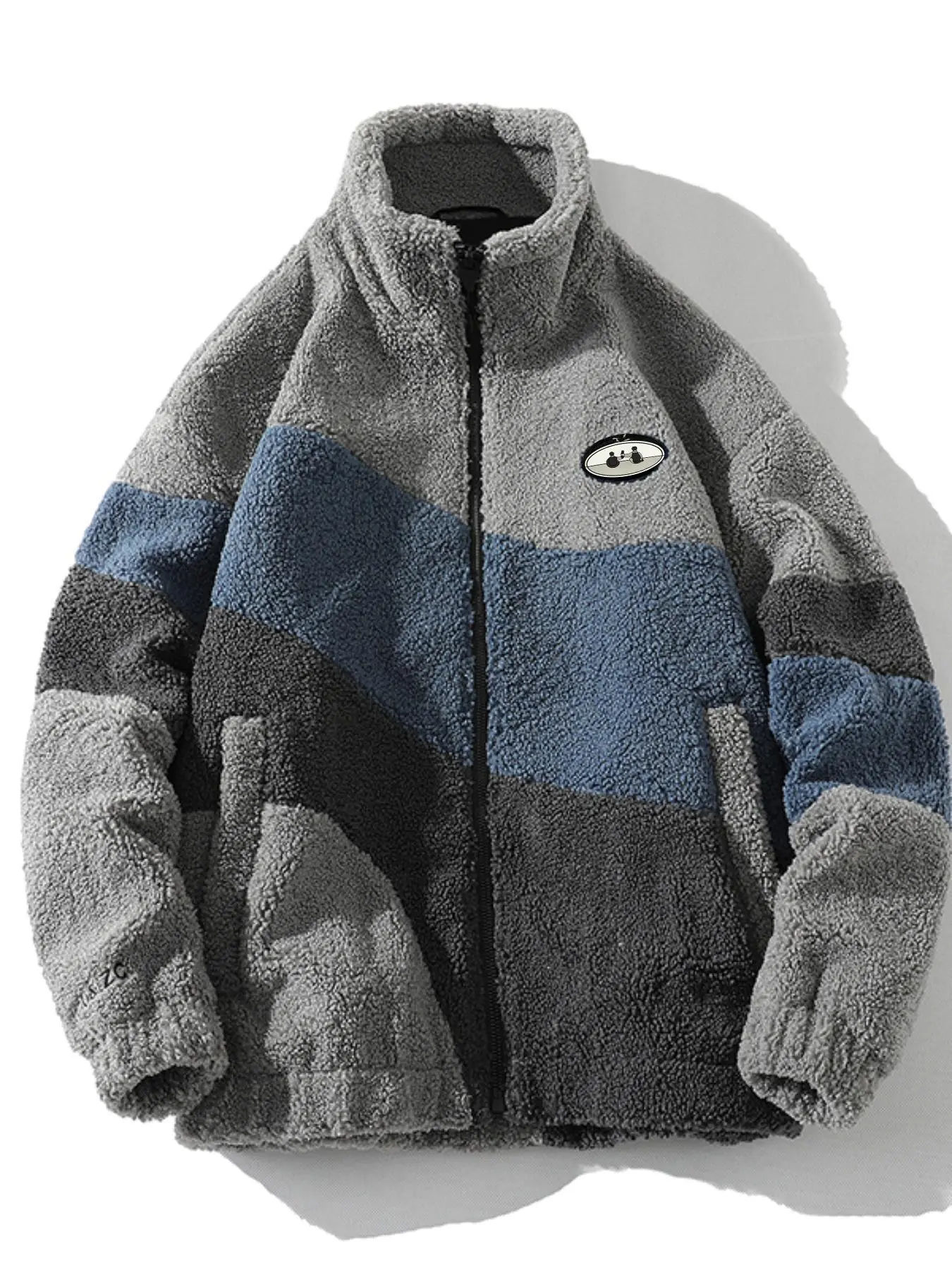 Men's Colorblock Patched Pocket Zipper Fuzzy Jacket, Regular Fit Casual Stand Collar Long Sleeve Outerwear for Fall & Winter, Jacket for Men, Winter Coats, Men's Clothes for Daily Wear