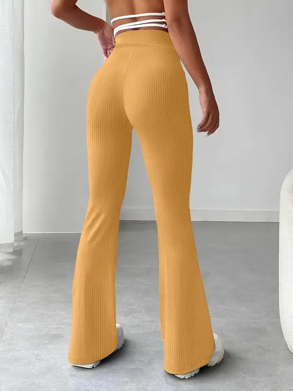 Women's Solid Ribbed Flare Leg Sports Pants, Casual Comfy High Waist Bell Bottom Trousers for Daily Wear, Ladies Bottoms Clothing for All Seasons 7