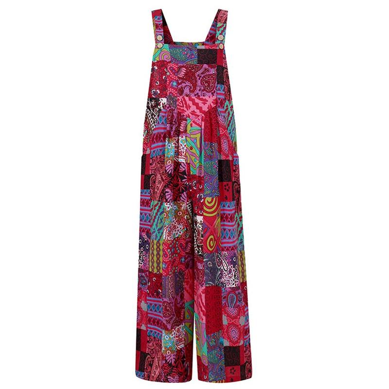 Women Jumpsuits Summer Overalls Multicolor Ethnic Style Square Neck Sleeveless Casual Rompers with Pockets for Girls Playsuit 8