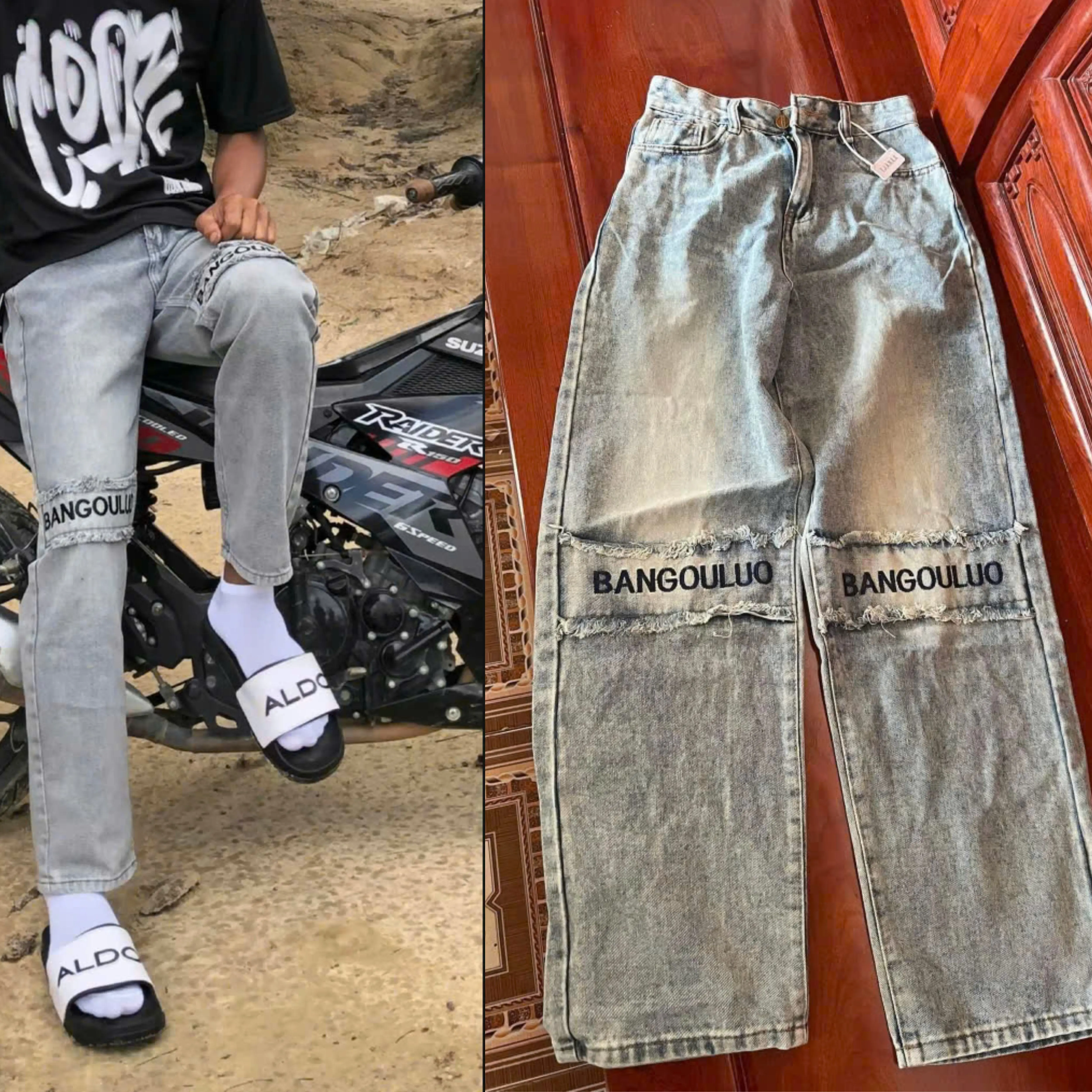 Quần bò jeans ống suông thêu Chữ Gối phối dây tua, quần jeans ống rộng mặc đôi nam nữ [xanh/xám]