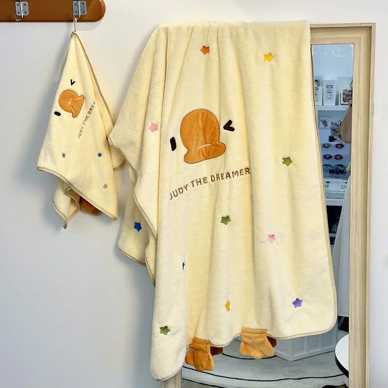 Cute Bath Towel Set for Women with Cartoon Design, Including Bath Towel, Hair Drying Cap, and Three-Piece Set