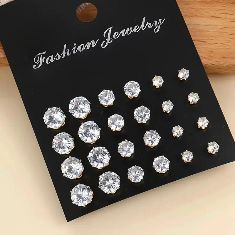 Set 12 Cặp Bông Tai Đính Đá, Khuyên Tai Tròn Nụ Đá Unisex | Stud Earrings Set F1