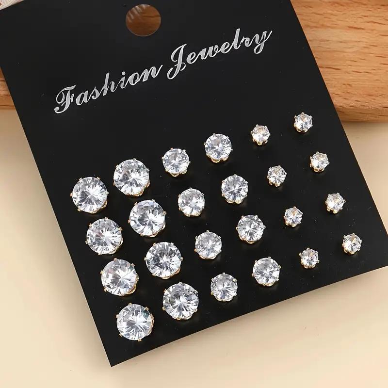  Set 12 Cặp Bông Tai Đính Đá Khuyên Tai Tròn Nụ Đá Unisex | Stud Earrings Set F1 