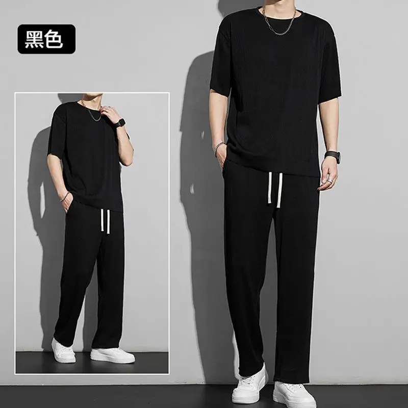 Bộ Đồ Thể Thao Lụa Lạnh Dành Cho Nam Giới, Mỏng Và Thường Ngày, Quần, Áo ngắn Tay Áo, Phong Cách Ins, Nhanh Khô, Bộ Quần Áo Xếp Nếp, Thích Hợp Cho Mùa Hè, Năm 2023, Bán Chạy Tại Cửa Hàng 7