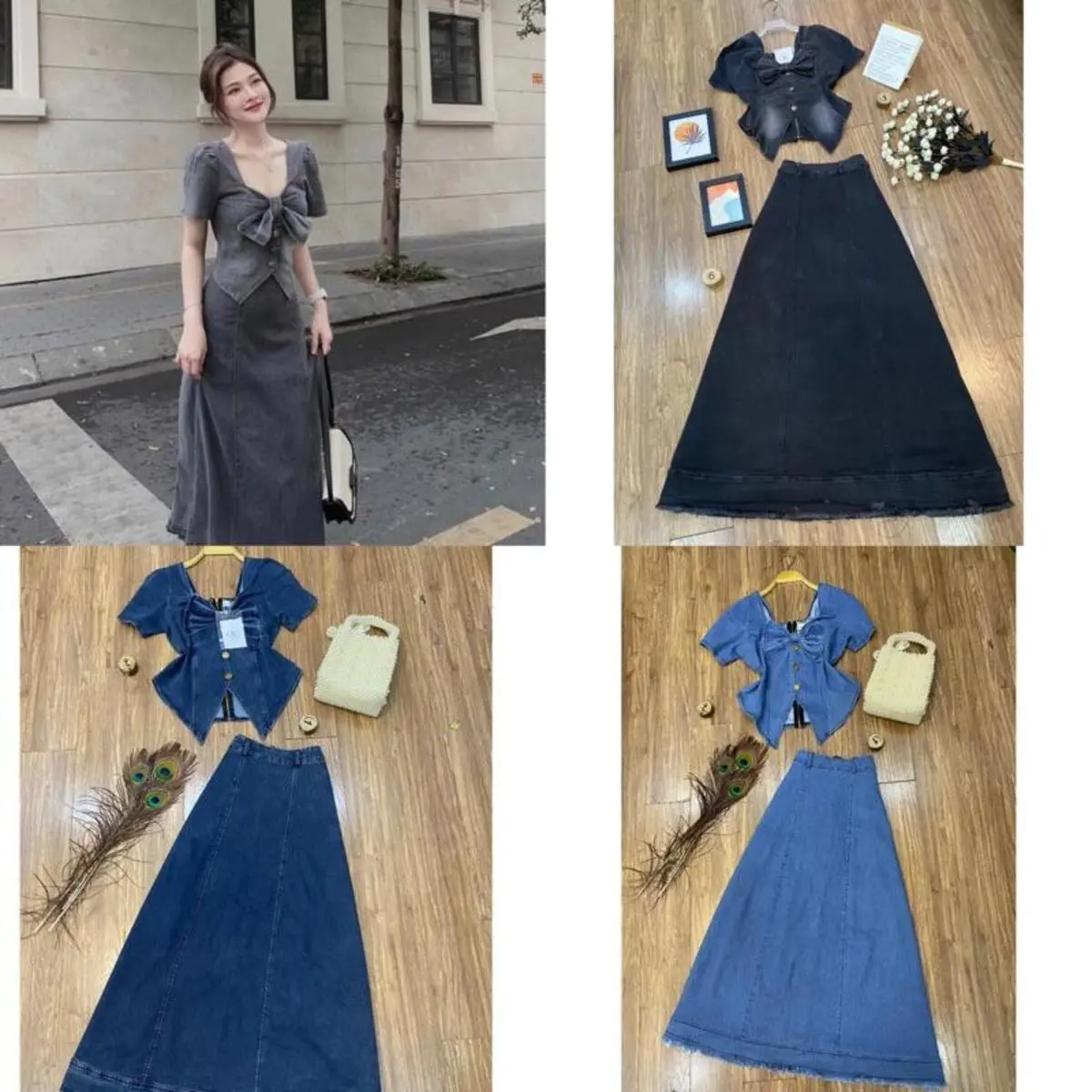 Sét bộ Jeans áo nơ cổ vuông kèm chân váy A dáng dài Sét bộ đi chơi Sang bigsize Kim Ngân từ 50 kg đến 100 kg S/M/L/XL/XXL Kem Nữ Women