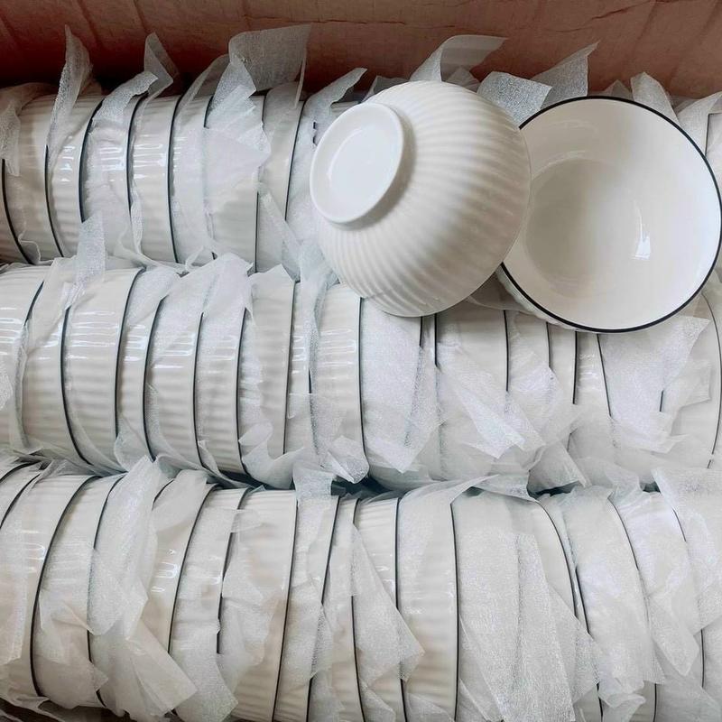 Set 10 bát cơm trắng viền đen