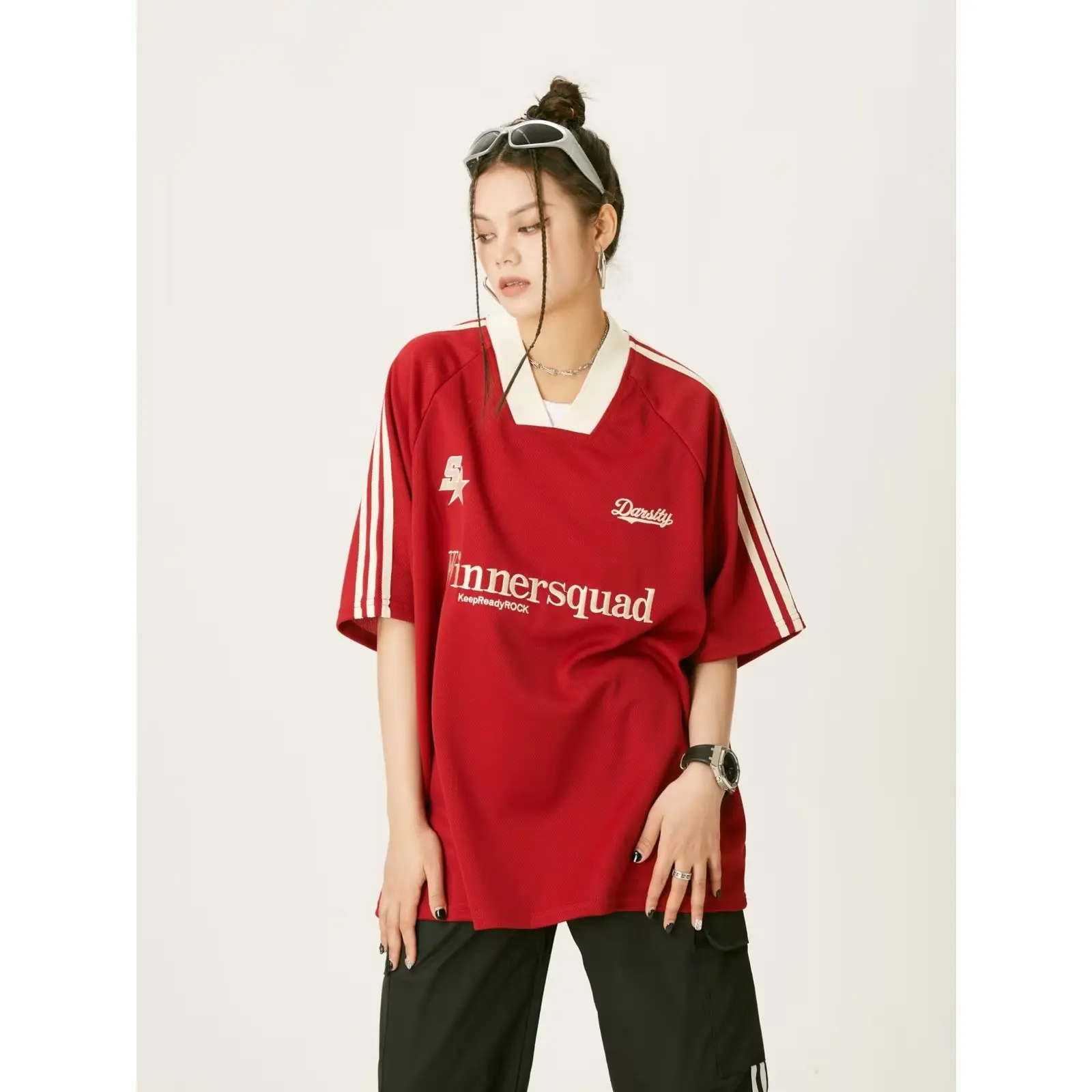High street vintage racing V-neck short sleeve t-shirt women's loose embroidery casual couple Sports half sleeve tide tee