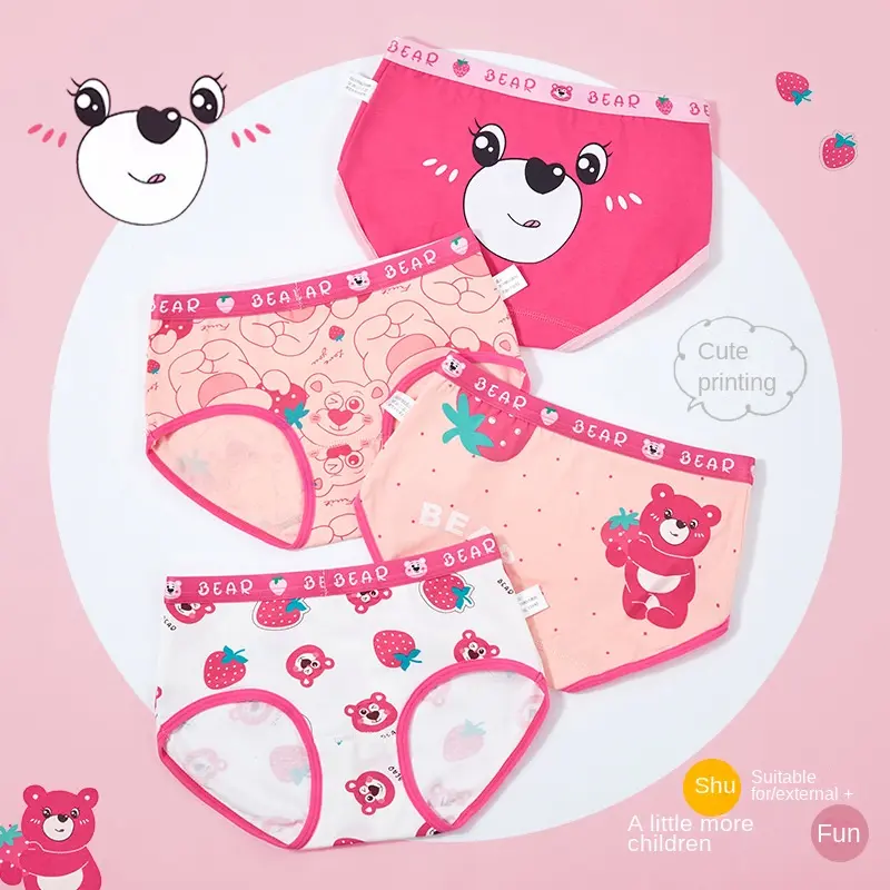 4-Piece Cotton Children's Underwear Strawberry Bear Girls' Boxers Breathable Girls' Triangle Shorts Student Underpants