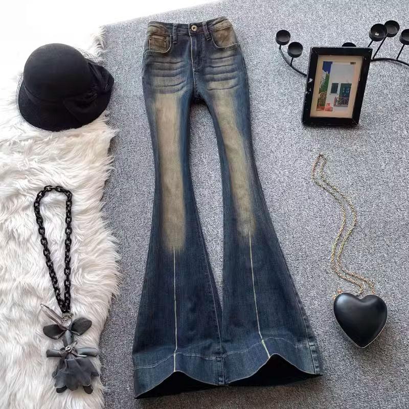 Quần Jean Mỏng, Phong Cách Cổ Điển, Cạp Thường, Dành Cho Nữ, Hàng Mới Về Mùa Thu, Phong Cách Cô Gái Nóng Bỏng, Co Giãn, Mỏng Vừa Vặn, Bó Sát, Lau Sàn, Quần Ống Loe, OOTD
