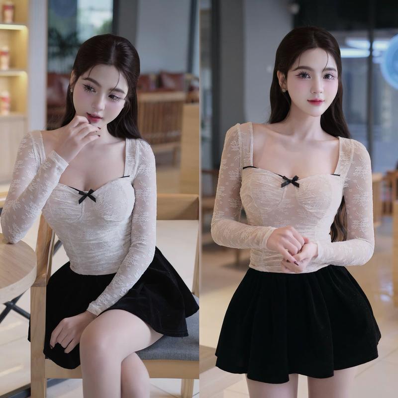 Set áo body ren dài tay cổ vuông nơ phối CV nhung xoè S135 shop1