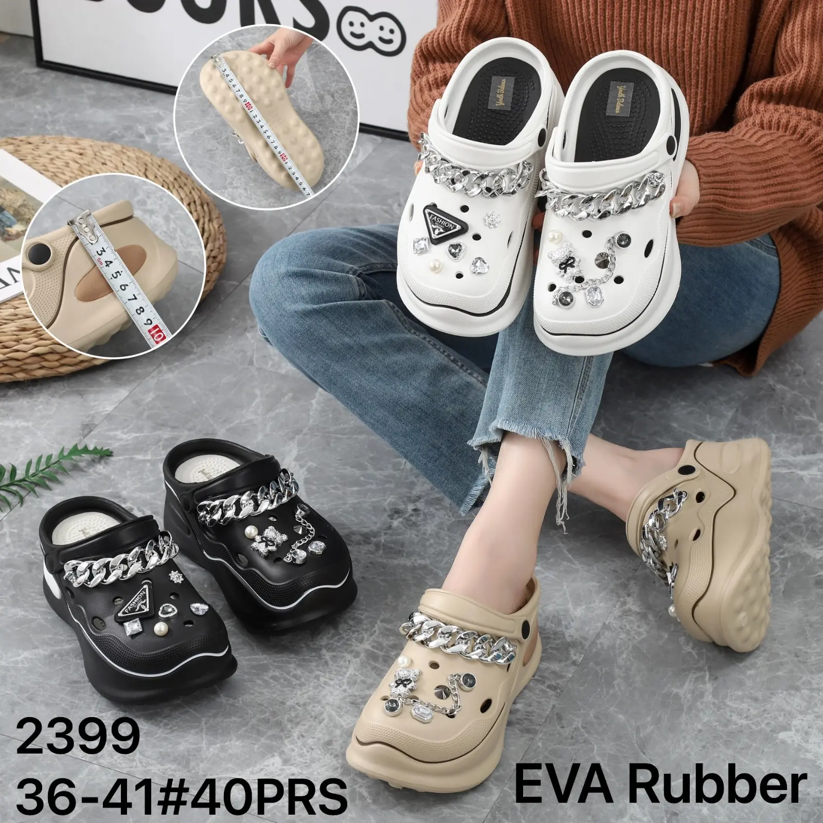 [AURELIO] - Sandal Remaja buat Lebaran 2025 Jibbitz Rante Permata Tinggi 8 Cm || Wedges Import Anti Licin Karet Wanita Merah