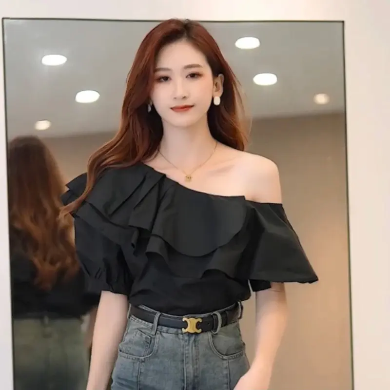 Áo lệch vai nhún bèo lụa ngọc trai, áo lệch vai tiểu thư sang trọng thanh lịch - H.A Boutique Nhung Top