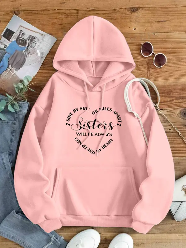 Women's Letter Print Drawstring Pocket Hoodie, Fashion Casual Hooded Sweatshirt for Daily Holiday Outdoor Wear, Women Clothing for Fall & Winter 2