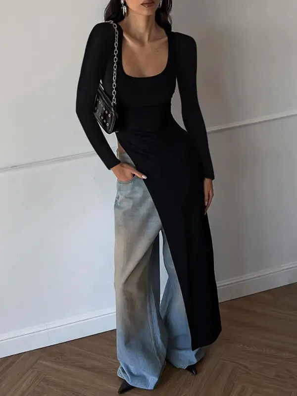 Women's Solid Asymmetrical Hem Scoop Neck Tee, Y2K Fashion Long Sleeve Longline Top for Party Club Holiday, Women Clothing for Fall & Winter 2