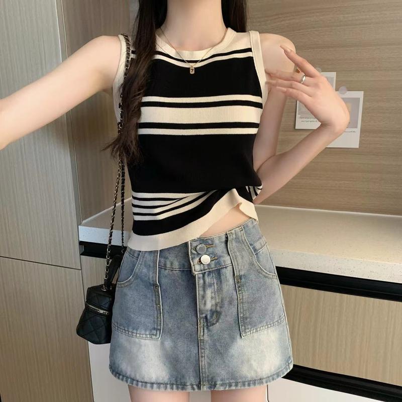 Quần Áo Nữ, Áo Vest Sọc Kiểu Pháp, Bộ Sưu Tập Mùa Hè Mới Thời Trang, Đồ Lót Ngầu Thường Ngày Áo Dệt Kim, Hợp Xu hướng, Phù Hợp Bên Trong, 2024 Top Women 4