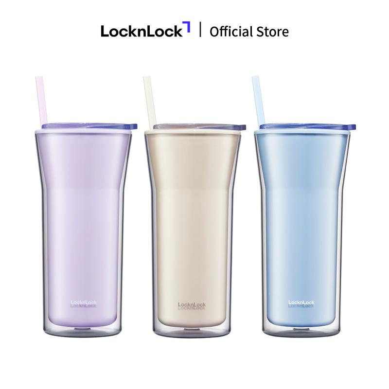 Ly nhựa 2 lớp LocknLock HAP526 Daily Essential double wall cold cup 770ml - Kèm ống hút và cọ vệ sinh, Nắp trong suốt