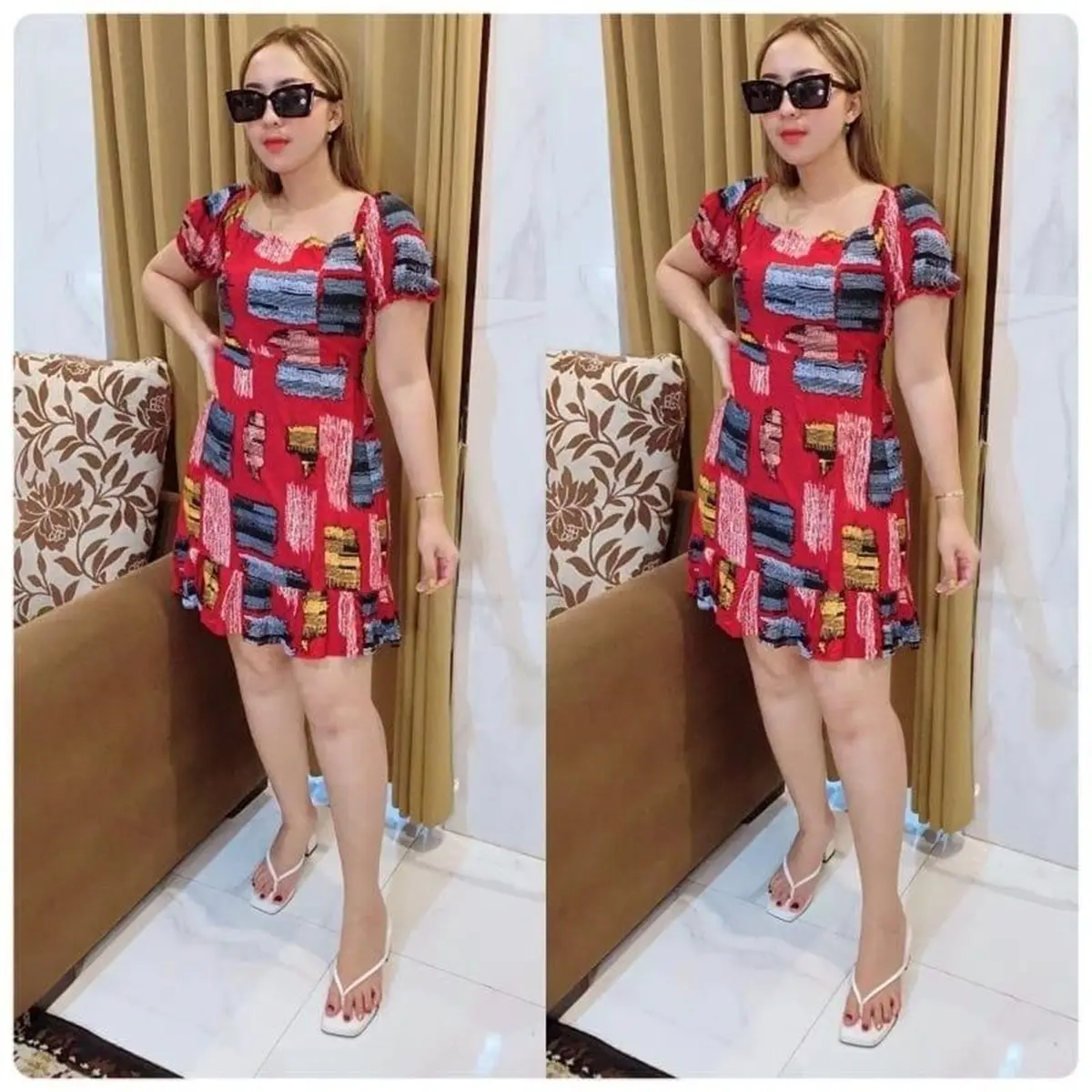 Grosir Natalia | Dress Bahan Rayon Motif Casual Baju  Midi  Wanita  Pendek Mini Abstrak