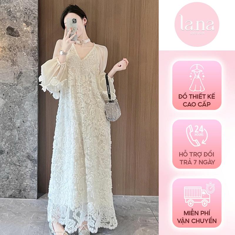 Set váy Nữ tiểu thư thiết kế cao cấp La.Na bánh bèo dài tay màu trắng họa tiết hoa chất liệu ren phối tơ hàn - V039 Voan Dress