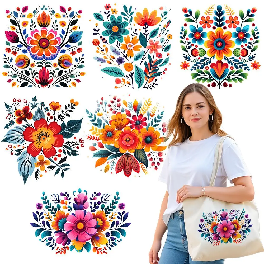 Flower Pattern Heat Transfer Sticker, 6 Counts/set Washable Hot Transfer Patch, Suitable for DIY T-shirts, Jeans, Backpacks, Hats and Pillows