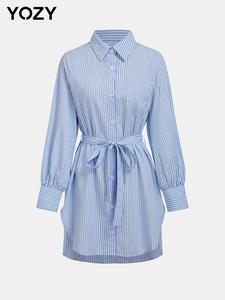 YOZY Women's Striped Print Button Front Belted Shirt Dress, Elegant Drop Shoulder Long Sleeve High Low Hem Collared Dress for Daily Outdoor Wear, Ladies Clothes for All Seasons