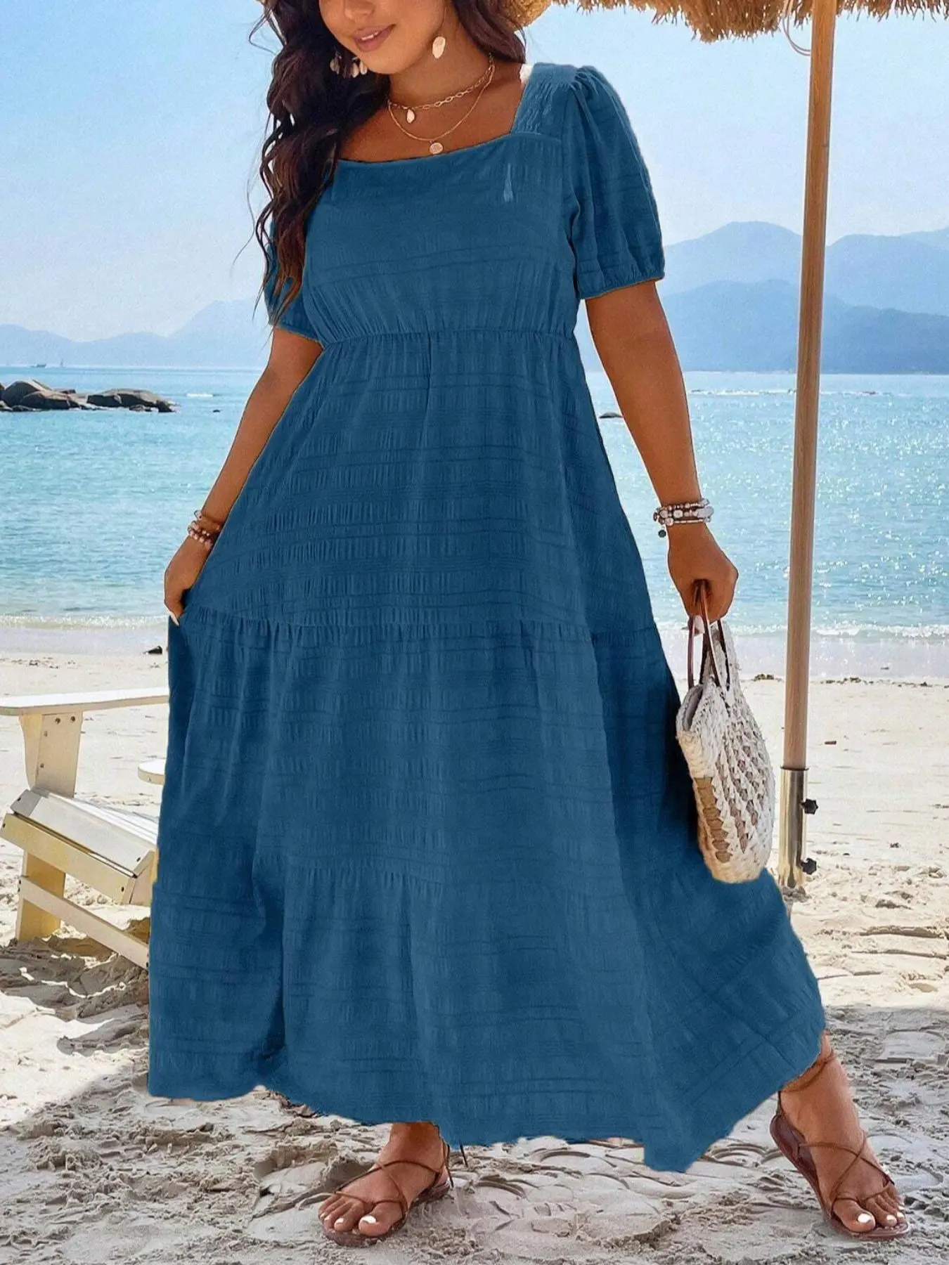 【Plus Size】 Solid Textured Ruched Puff Sleeve Square Neck A Line Dress, Boho Short Sleeve Dress for Summer, Women's Clothes for Beach Holiday Vacation